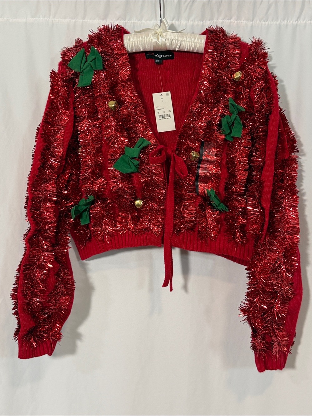 Red Tinsel Tie-Front Holiday Cardigan Sweater